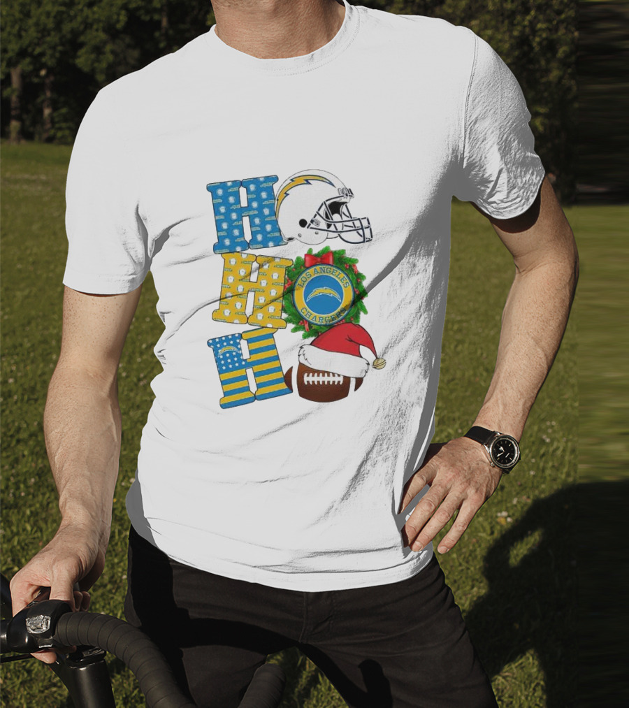 Los Angeles Chargers Ho Ho Ho Merry Christmas Wreath Helmet Football Santa Hat Featured T-Shirt