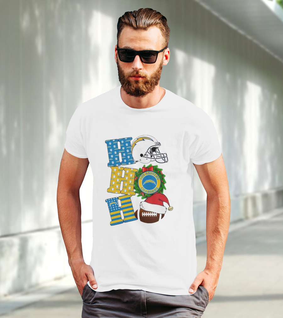 Los Angeles Chargers Ho Ho Ho Merry Christmas Wreath Helmet Football Santa Hat Featured T-Shirt