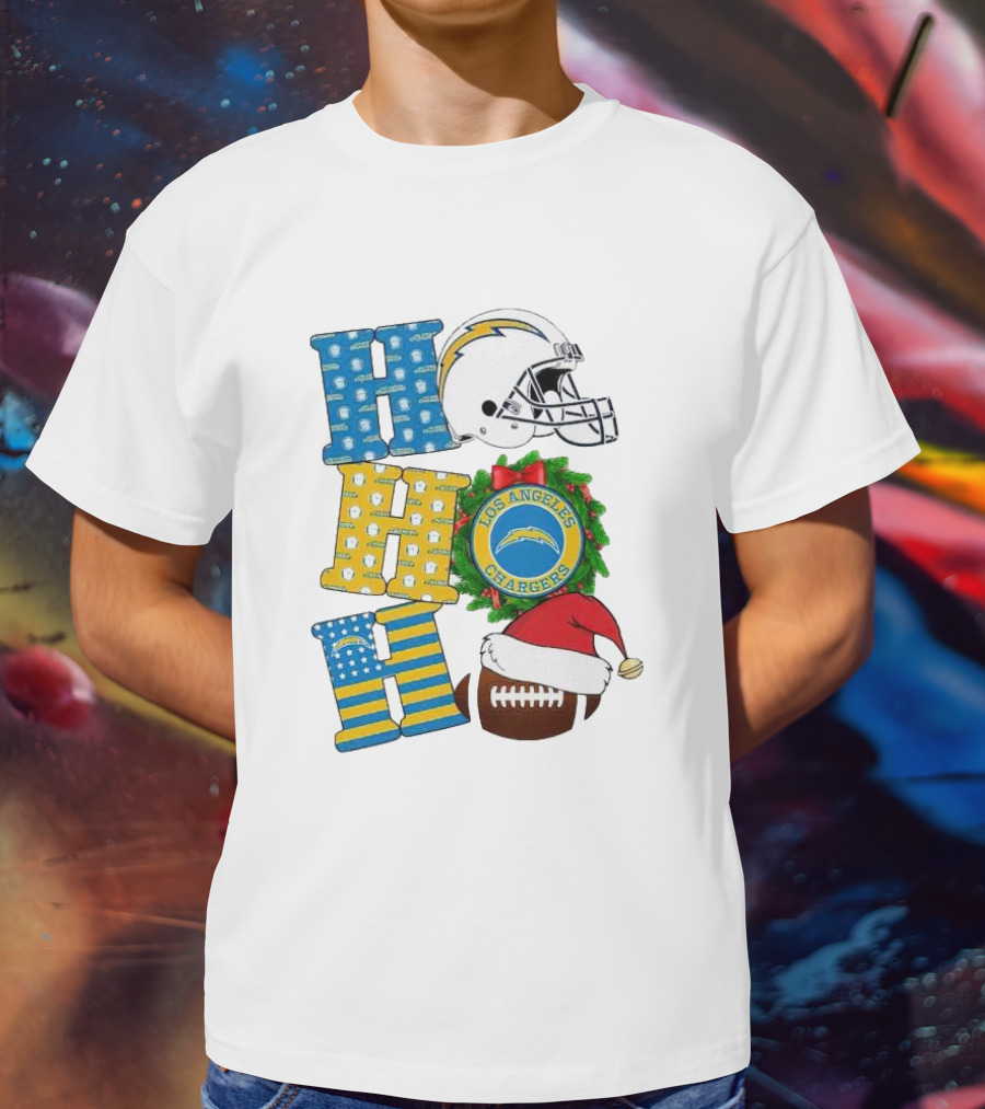 Los Angeles Chargers Ho Ho Ho Merry Christmas Wreath Helmet Football Santa Hat Featured T-Shirt