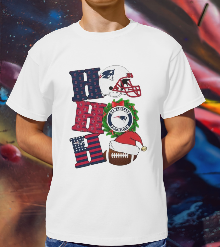 New England Patriots Ho Ho Ho Merry Christmas Football Helmet Wreath Santa Hat Football T-Shirt