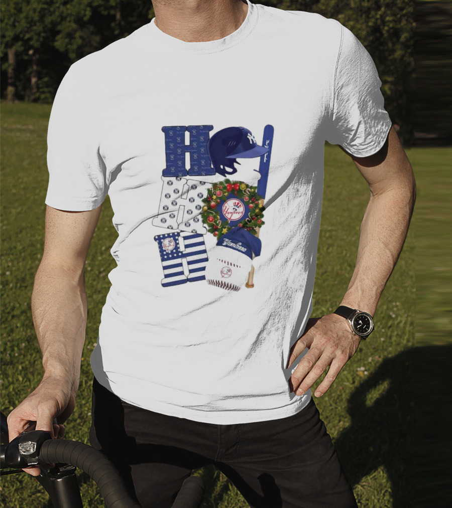 New York Yankees Ho Ho Ho Merry Christmas Yankees Caps Wreath Baseball Bat T-Shirt