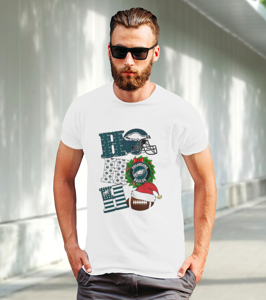 Philadelphia Eagles Ho Ho Ho Merry Christmas Football Helmet Wreath Santa Hat T-Shirt
