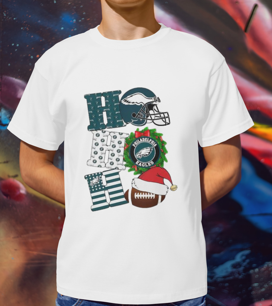 Philadelphia Eagles Ho Ho Ho Merry Christmas Football Helmet Wreath Santa Hat T-Shirt