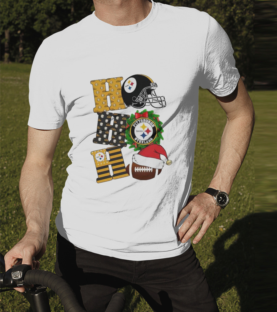 Pittsburgh Steelers Ho Ho Ho Merry Christmas Football Helmet Wreath Santa Hat T-Shirt
