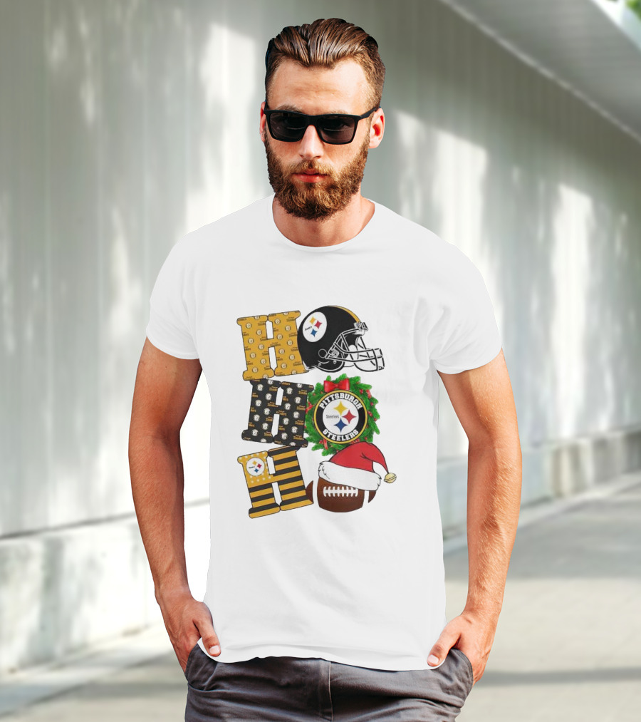 Pittsburgh Steelers Ho Ho Ho Merry Christmas Football Helmet Wreath Santa Hat T-Shirt