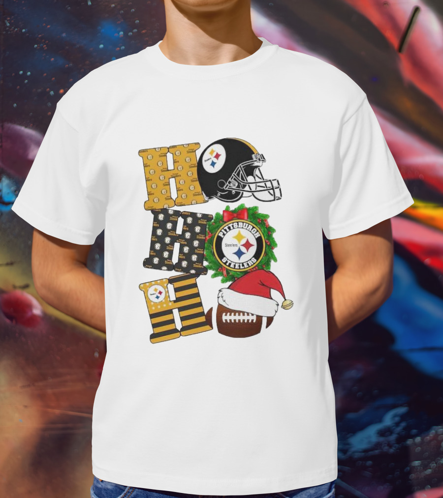 Pittsburgh Steelers Ho Ho Ho Merry Christmas Football Helmet Wreath Santa Hat T-Shirt