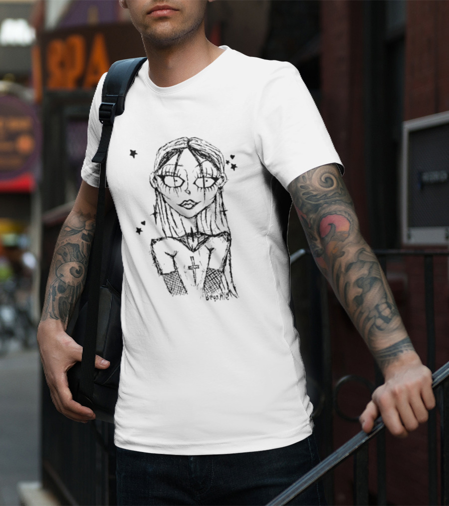 Cream Sketch Bronnie Gothic Character With Cross And Stars T-Shirt
