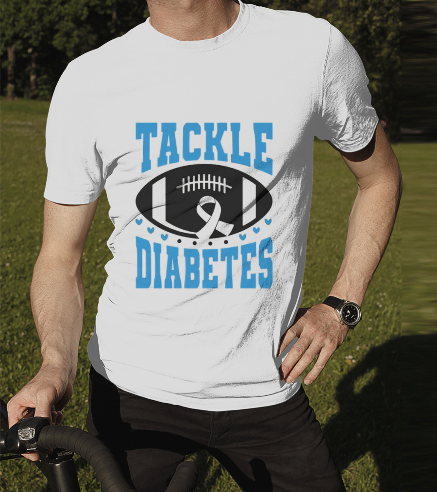 Tackle Diabetes Awareness Football Design With Blue Ribbon And Hearts T-Shirt