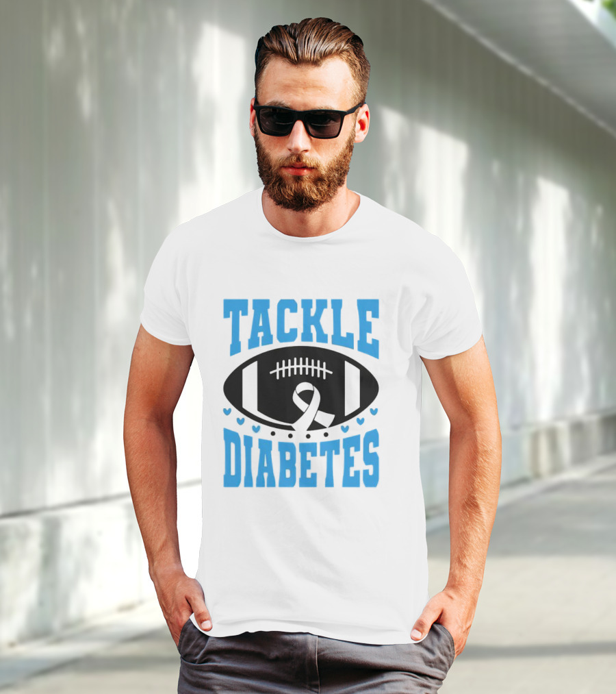 Tackle Diabetes Awareness Football Design With Blue Ribbon And Hearts T-Shirt