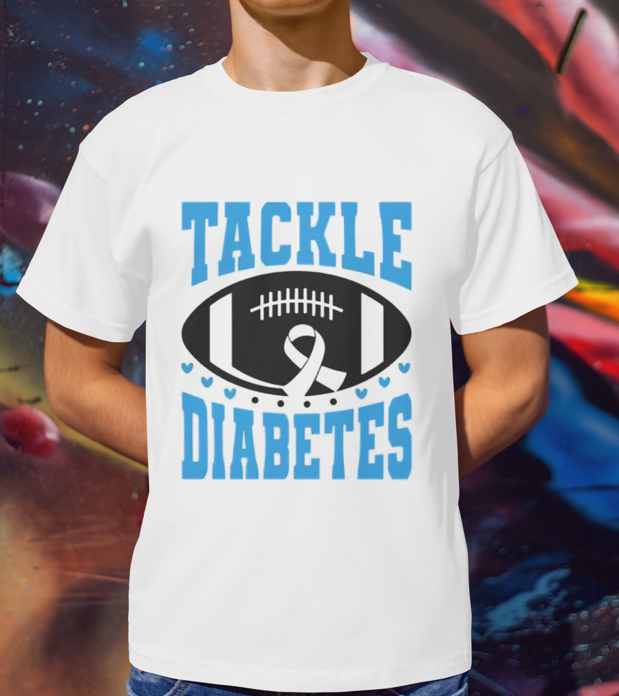 Tackle Diabetes Awareness Football Design With Blue Ribbon And Hearts T-Shirt