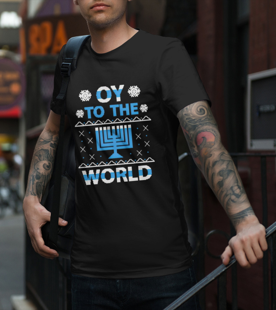 Oy To The World Happy Hanukkah Menorah Snowflakes T-Shirt