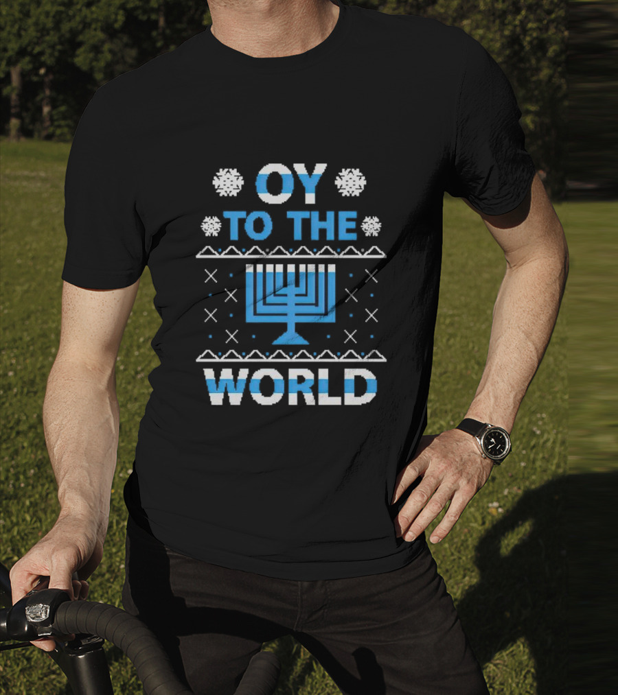 Oy To The World Happy Hanukkah Menorah Snowflakes T-Shirt
