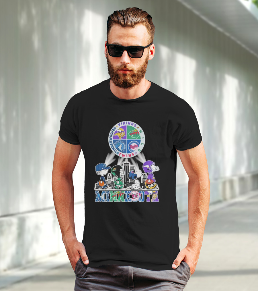 Peanuts Characters Minnesota Vikings Timberwolves Wild Twins Walking In Minnesota T-Shirt