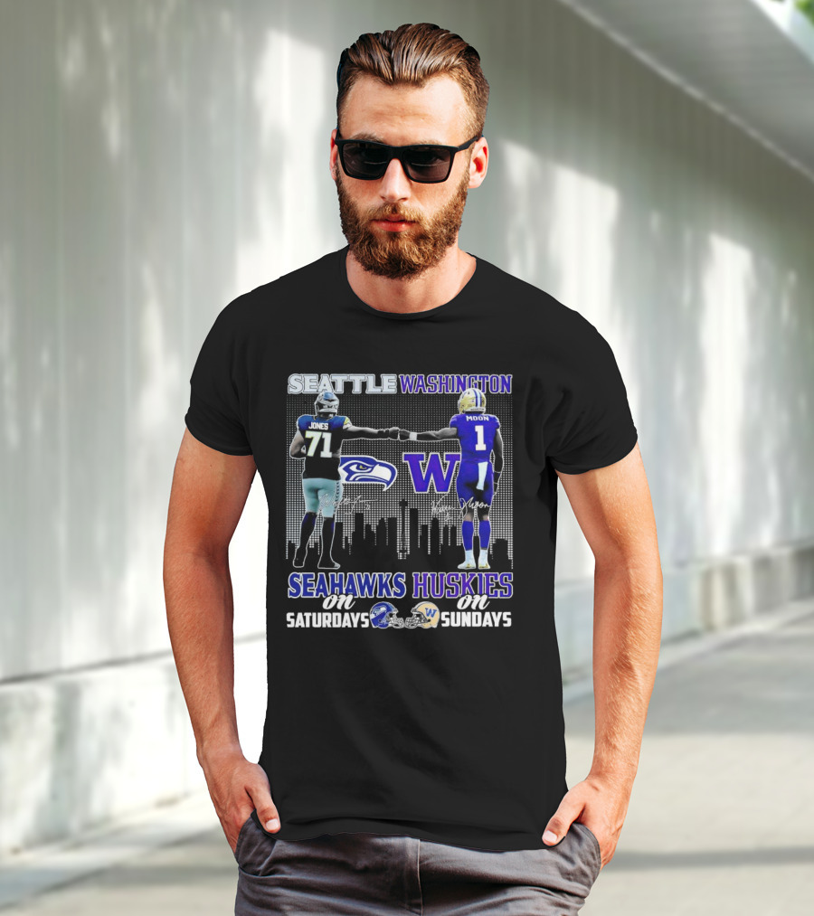 Seattle Seahawks Jones Saturdays Washington Huskies Moon Sundays T-Shirt