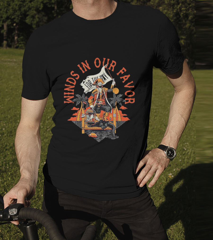 Winds In Our Favor Pirate With Flag And Parrot Tropical Scene T-Shirt