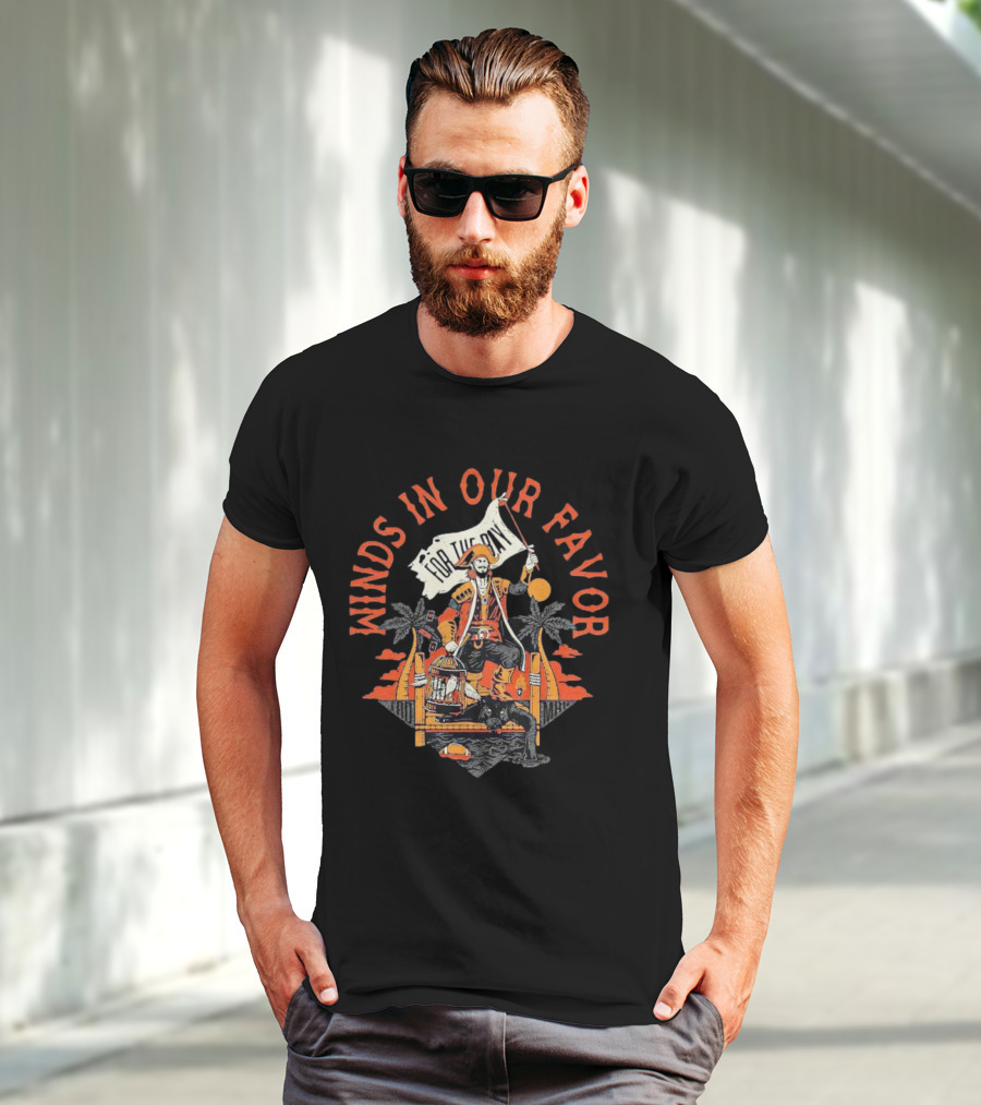 Winds In Our Favor Pirate With Flag And Parrot Tropical Scene T-Shirt