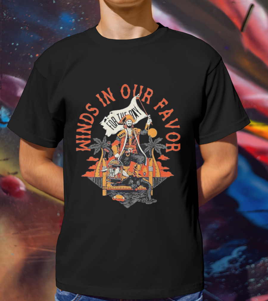 Winds In Our Favor Pirate With Flag And Parrot Tropical Scene T-Shirt