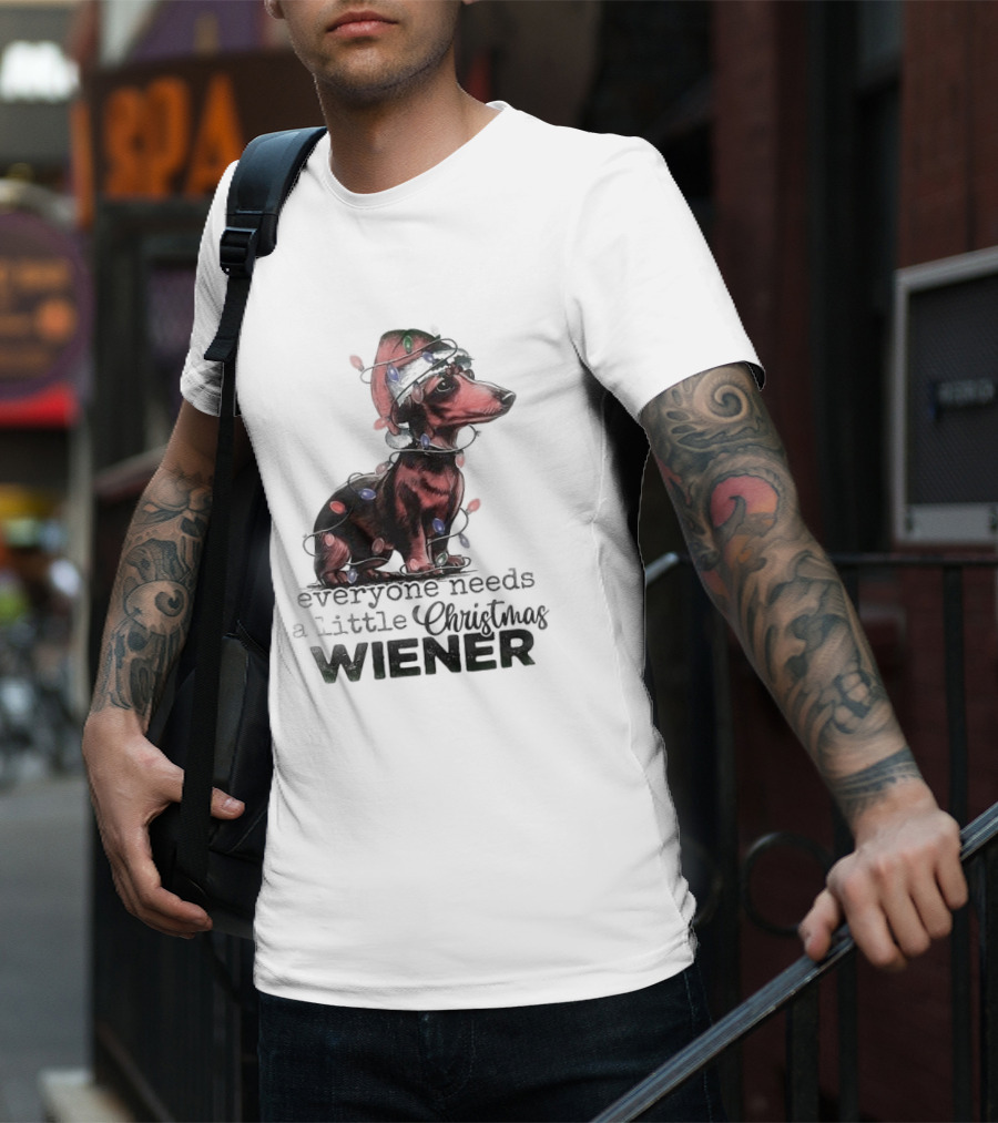 Everyone Needs A Little Christmas Wiener Dachshund With Lights And Santa Hat T-Shirt