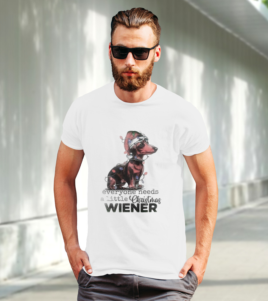 Everyone Needs A Little Christmas Wiener Dachshund With Lights And Santa Hat T-Shirt