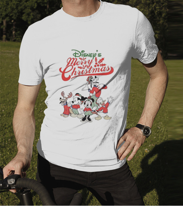 Disney’s Merry Christmas Mickey Minnie Goofy Pluto Festive Holiday T-Shirt