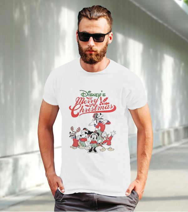 Disney’s Merry Christmas Mickey Minnie Goofy Pluto Festive Holiday T-Shirt