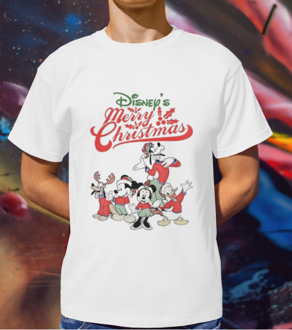Disney’s Merry Christmas Mickey Minnie Goofy Pluto Festive Holiday T-Shirt