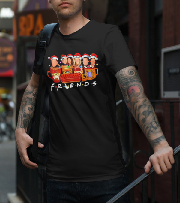 Friends Christmas Santa Hats Couch Central Perk Logo Mugs Guitar T-Shirt
