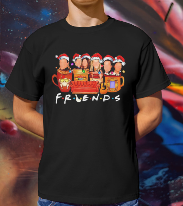 Friends Christmas Santa Hats Couch Central Perk Logo Mugs Guitar T-Shirt