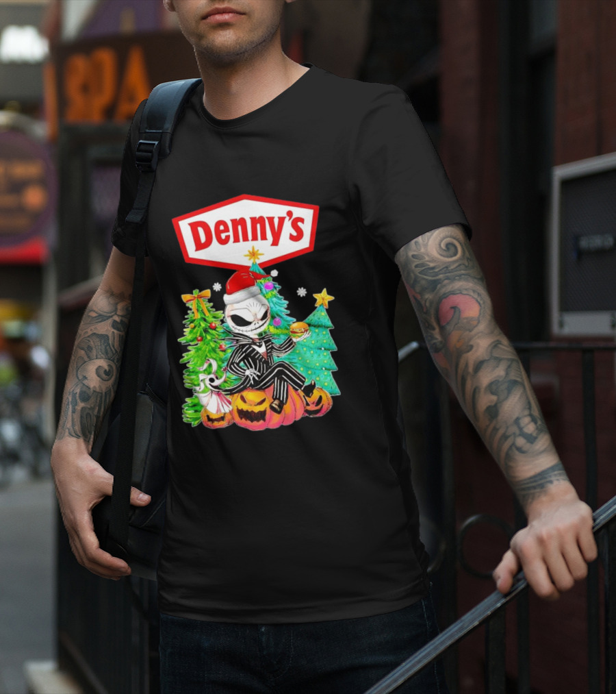 Denny’s Jack Skellington Santa Sitting On Pumpkins With Christmas Trees T-Shirt
