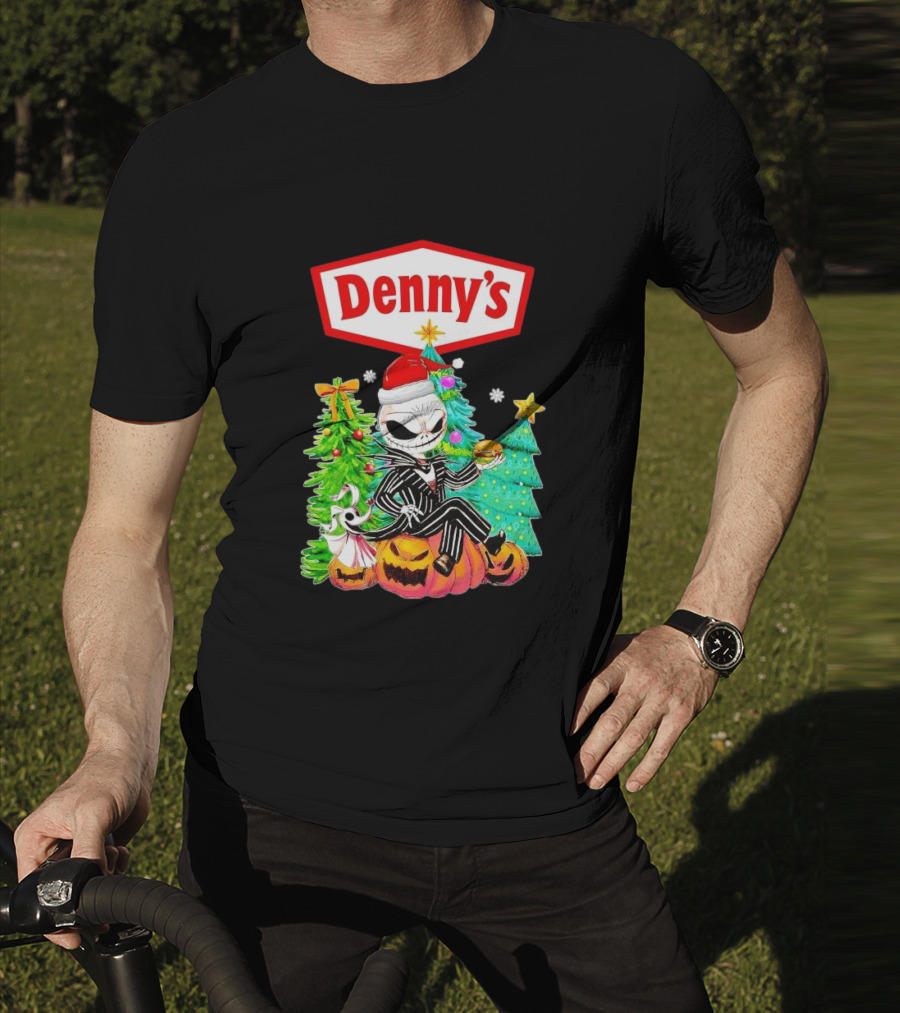 Denny’s Jack Skellington Santa Sitting On Pumpkins With Christmas Trees T-Shirt