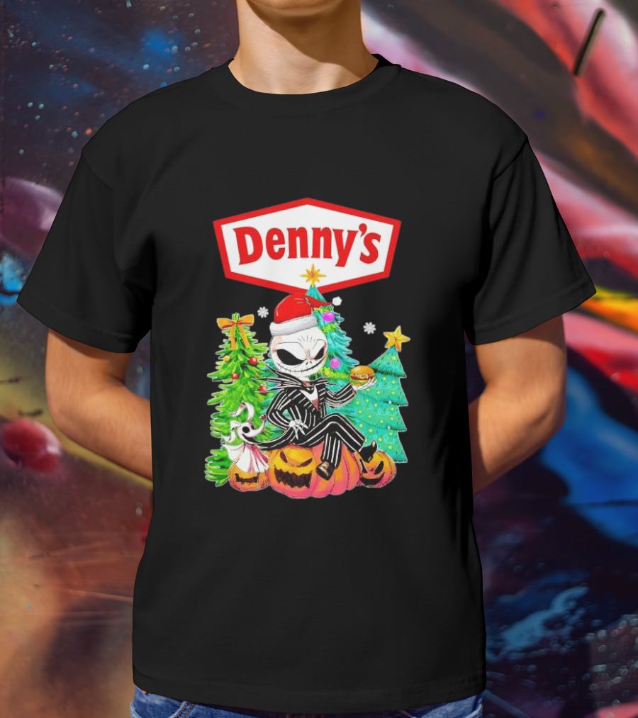 Denny’s Jack Skellington Santa Sitting On Pumpkins With Christmas Trees T-Shirt