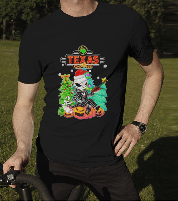 Jack Skellington Christmas With Texas Roadhouse Pumpkin And Christmas Trees T-Shirt