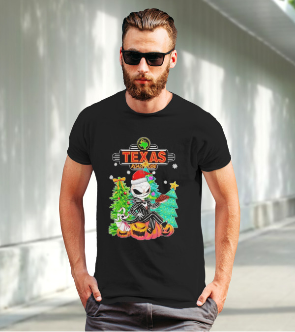 Jack Skellington Christmas With Texas Roadhouse Pumpkin And Christmas Trees T-Shirt