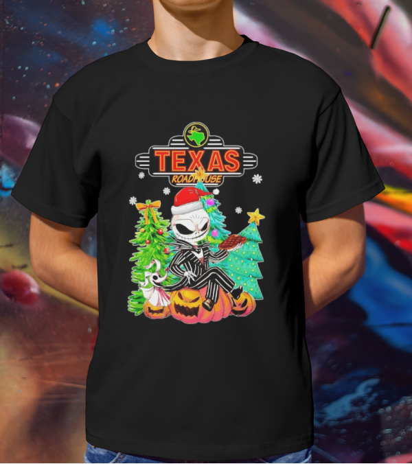 Jack Skellington Christmas With Texas Roadhouse Pumpkin And Christmas Trees T-Shirt