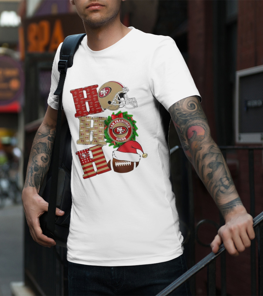 San Francisco 49ers Ho Ho Ho Merry Christmas Football Helmet Wreath Santa Hat T-Shirt
