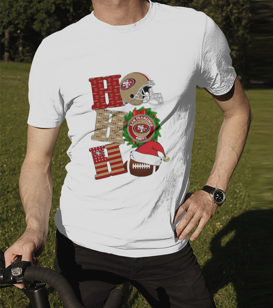 San Francisco 49ers Ho Ho Ho Merry Christmas Football Helmet Wreath Santa Hat T-Shirt