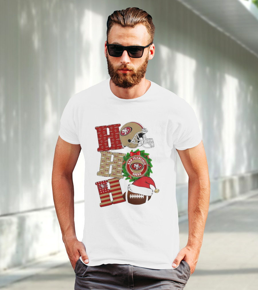 San Francisco 49ers Ho Ho Ho Merry Christmas Football Helmet Wreath Santa Hat T-Shirt