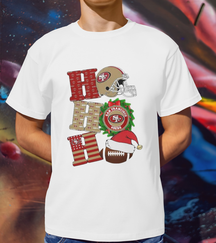 San Francisco 49ers Ho Ho Ho Merry Christmas Football Helmet Wreath Santa Hat T-Shirt