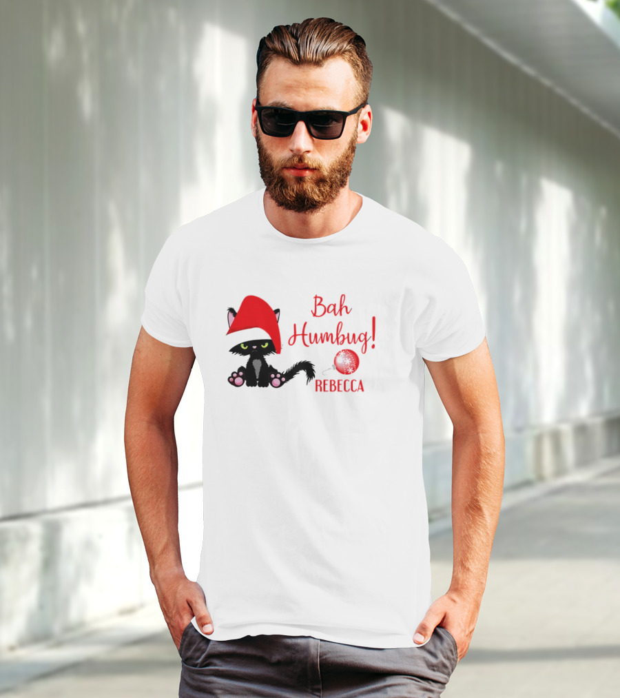 Santa Black Cat Bah Humbug Xmas Custom Name Rebecca T-Shirt