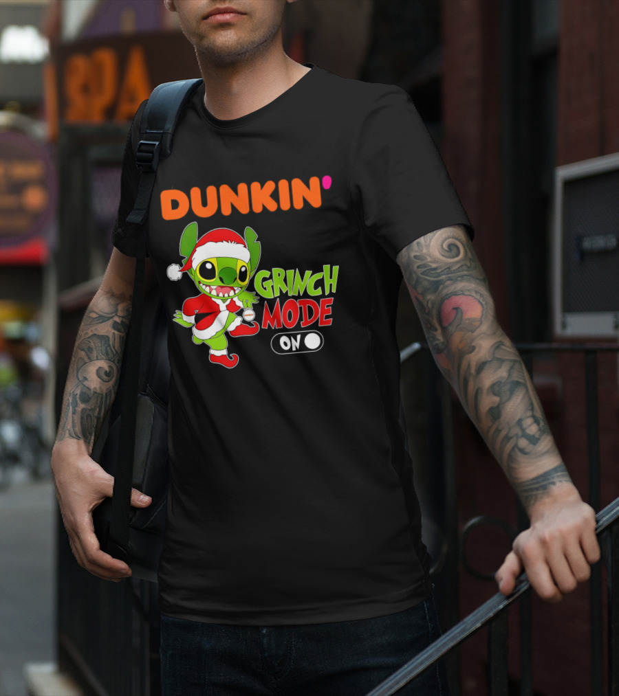 Dunkin' Grinch Mode On Christmas Stitch Santa Costume T-Shirt