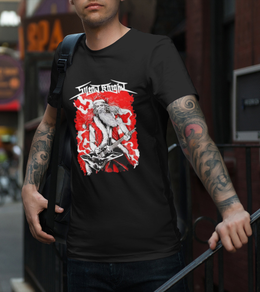 Silent Knight Santa Slays Electric Guitar Rock T-Shirt