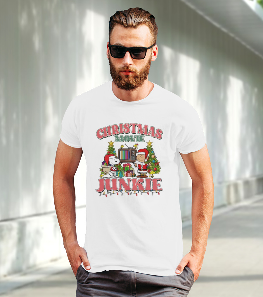 Snoopy And Charlie Brown Christmas Movie Junkie With TV And Gifts T-Shirt
