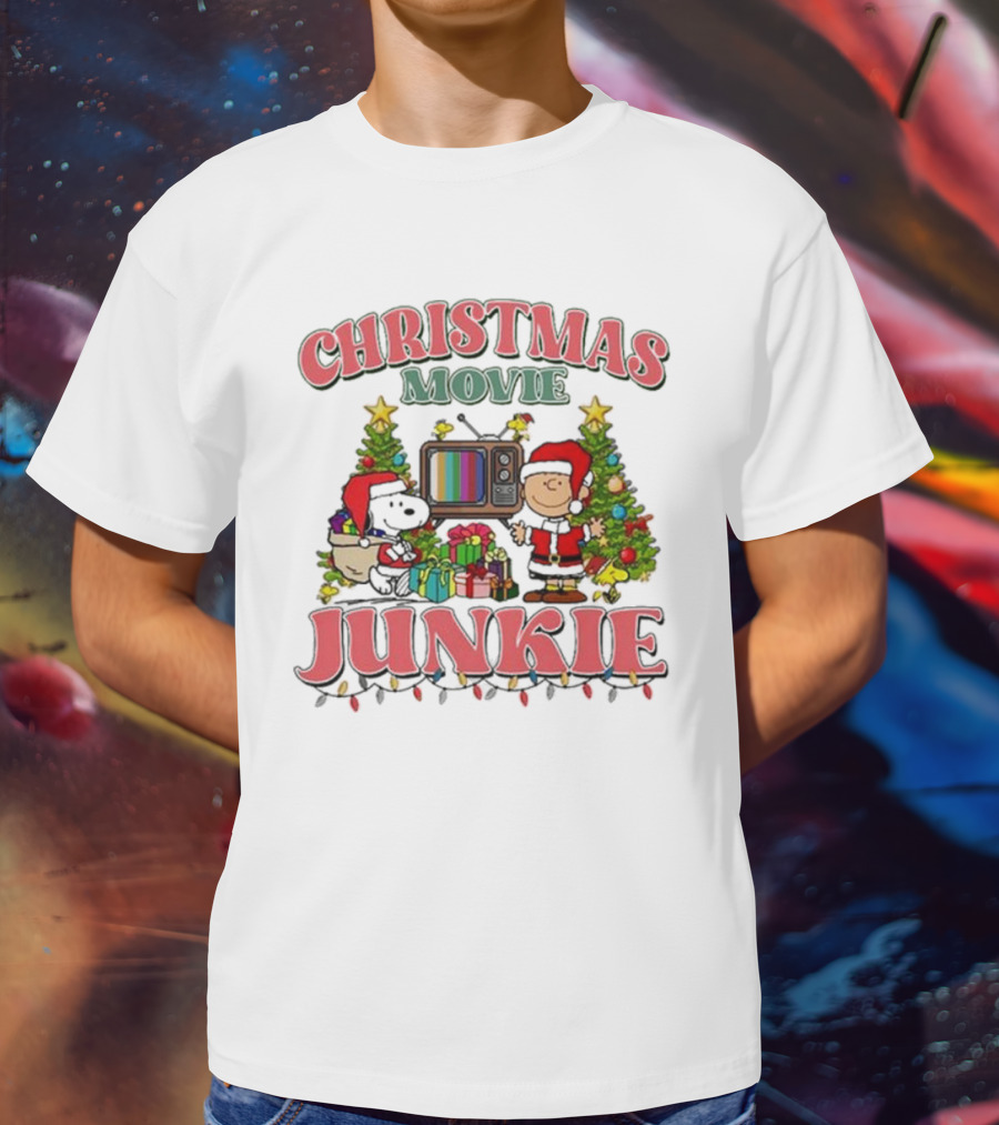 Snoopy And Charlie Brown Christmas Movie Junkie With TV And Gifts T-Shirt