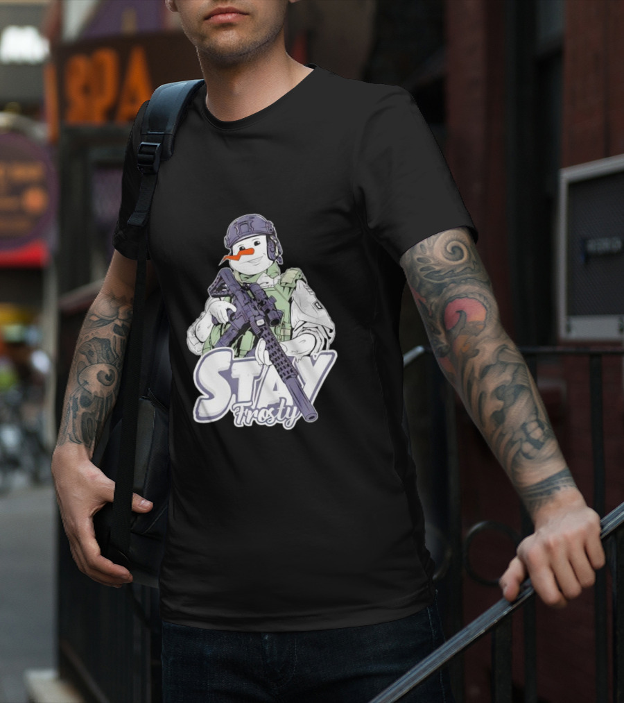 Stay Frosty Snowman Soldier With Rifle Drawing T-Shirt