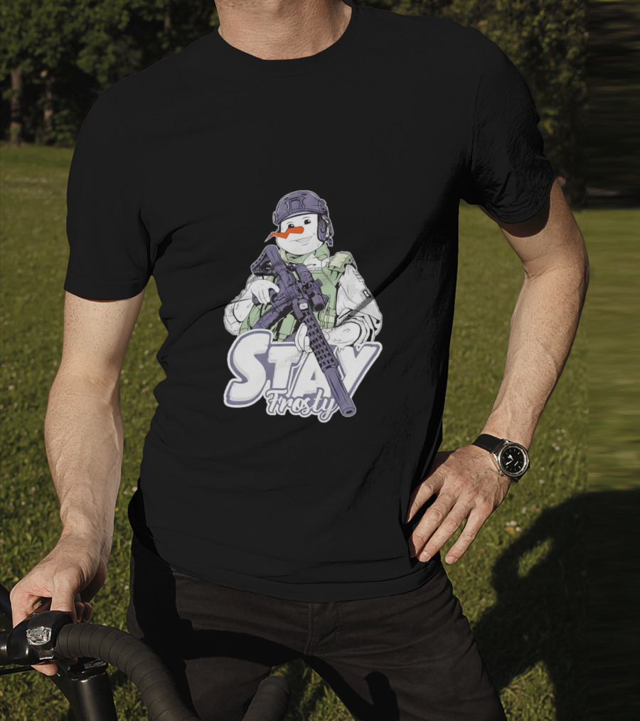 Stay Frosty Snowman Soldier With Rifle Drawing T-Shirt
