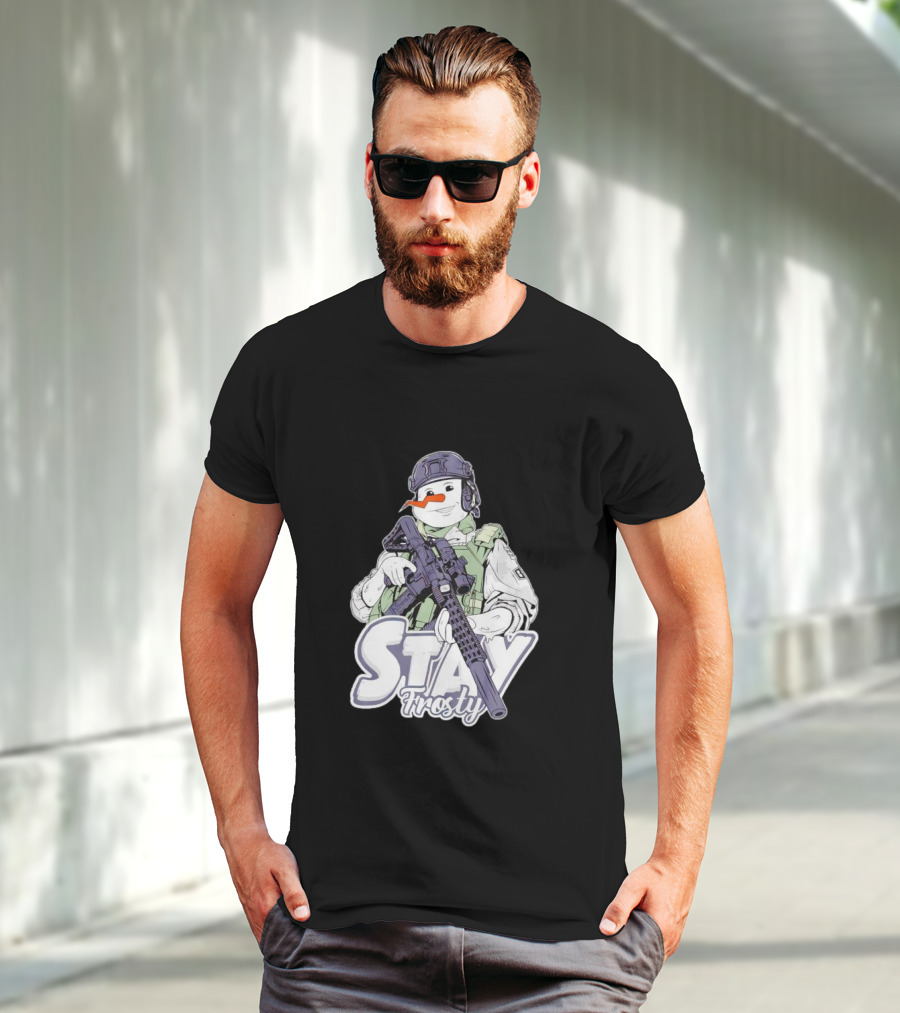 Stay Frosty Snowman Soldier With Rifle Drawing T-Shirt