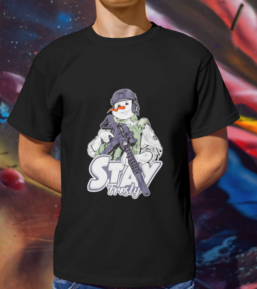 Stay Frosty Snowman Soldier With Rifle Drawing T-Shirt