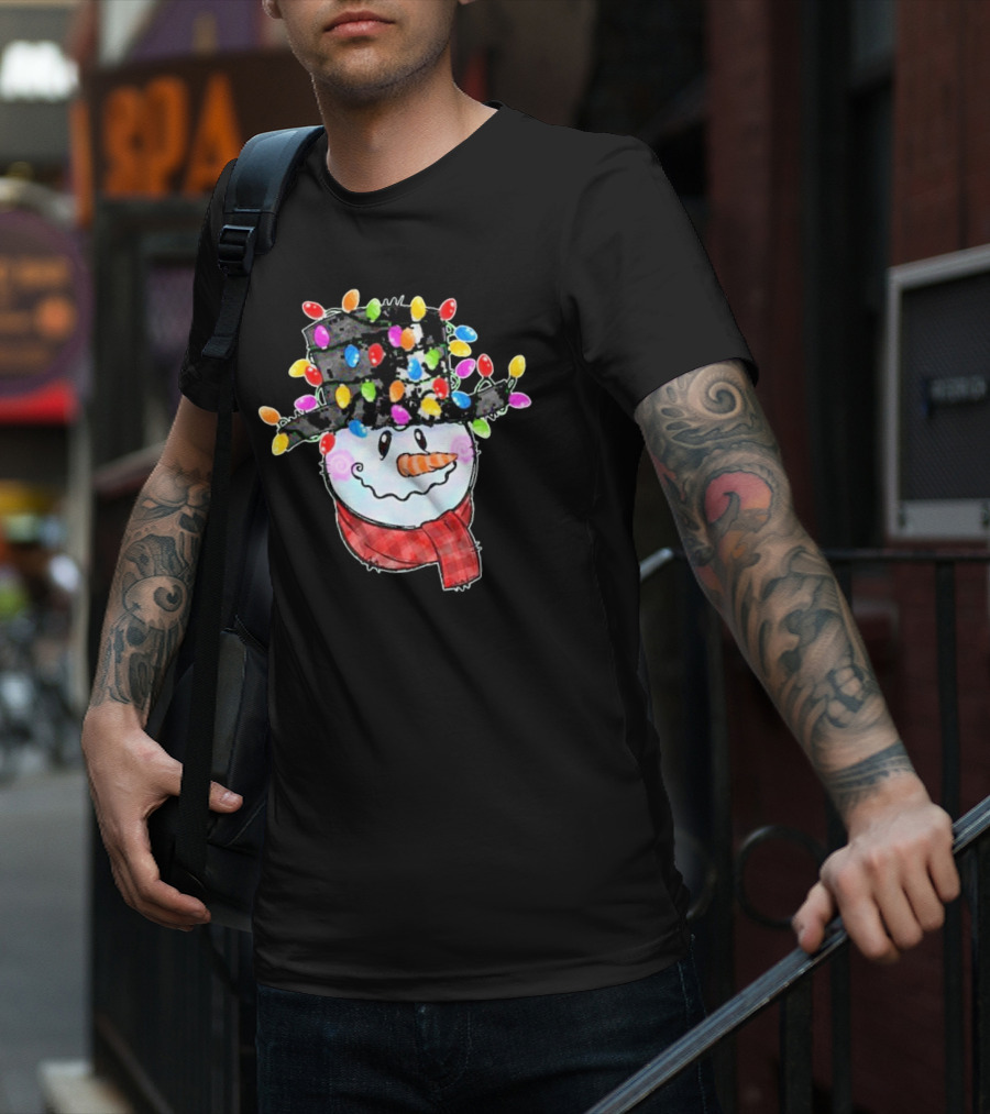 Snowman Wrapped In Colorful Christmas Lights With Black Top Hat And Red Scarf T-Shirt