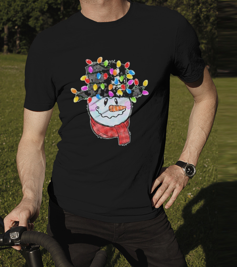 Snowman Wrapped In Colorful Christmas Lights With Black Top Hat And Red Scarf T-Shirt