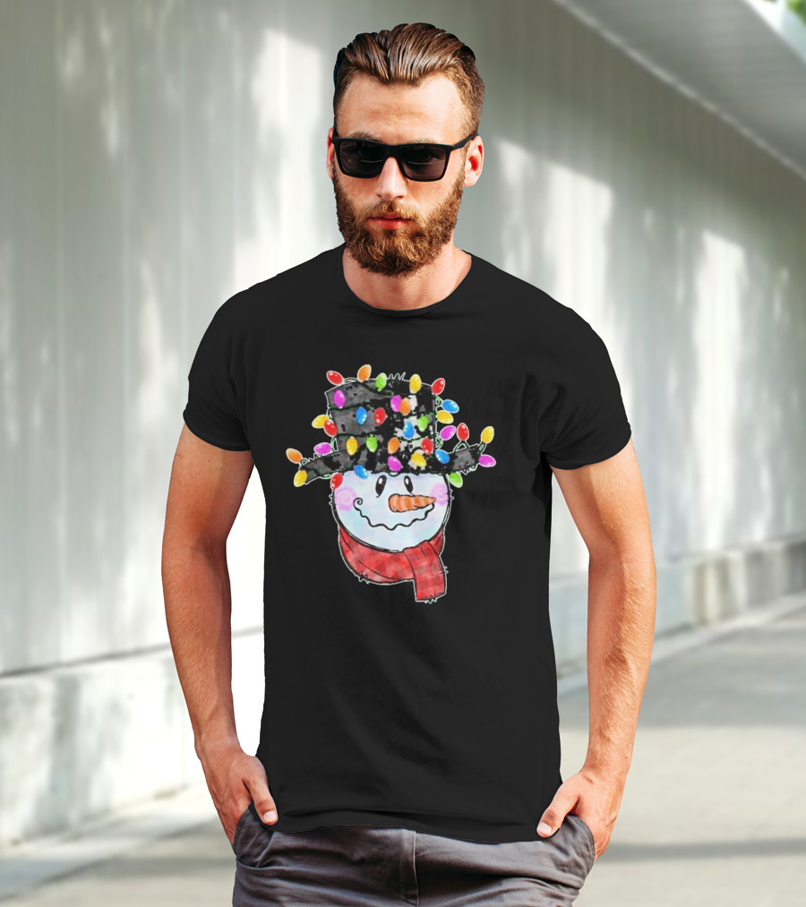 Snowman Wrapped In Colorful Christmas Lights With Black Top Hat And Red Scarf T-Shirt